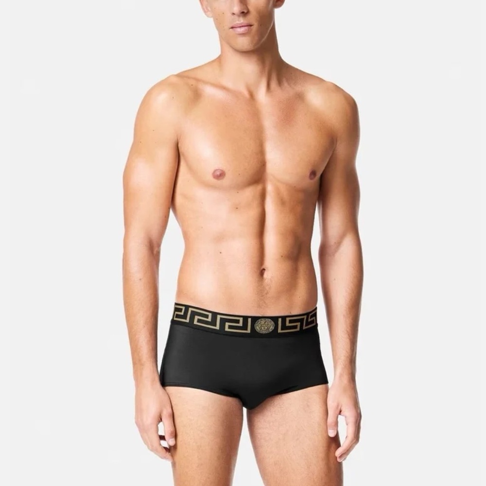 VERSACE Medusa Golden Logo Greca Waistband Black Beach Pool Swim Trunks